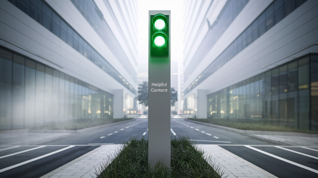 Ein modernes Straßenschild mit dem Text Helpful Content und einer grünen Ampel darüber